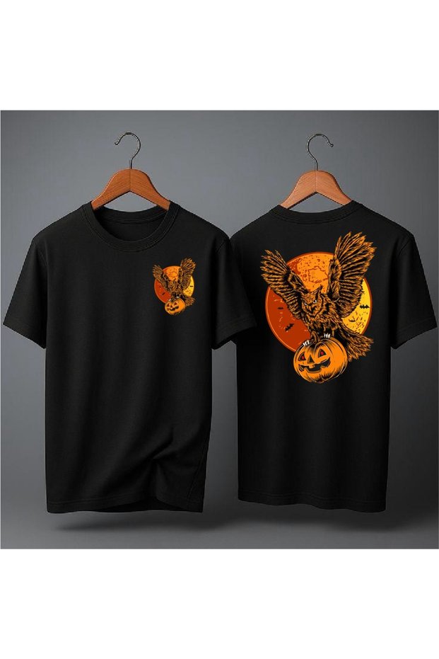 Special Design Owl and Pumpkin Printed Oversized T-Sirth