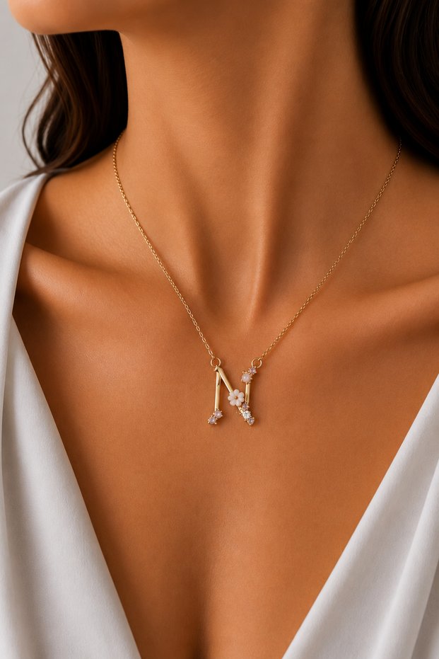 Stone Detailed Gold Color Letter Pendant Models (S-E-M-A-B-N-D-K-C-F-G-H-Y-Z-T) Lrn082