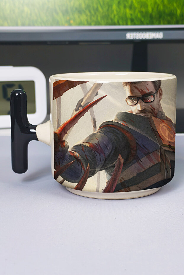 كوب سيراميك فاخر مطبوع عليه Half Life (قطعة واحدة) بمقبض أسود خاص على شكل حرف T V3T