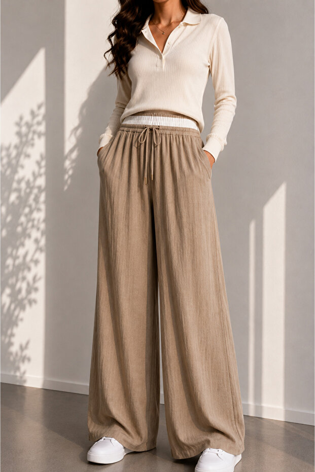Women's Summer Crinkle Wide-Leg Loose-Fit Trousers with Pockets