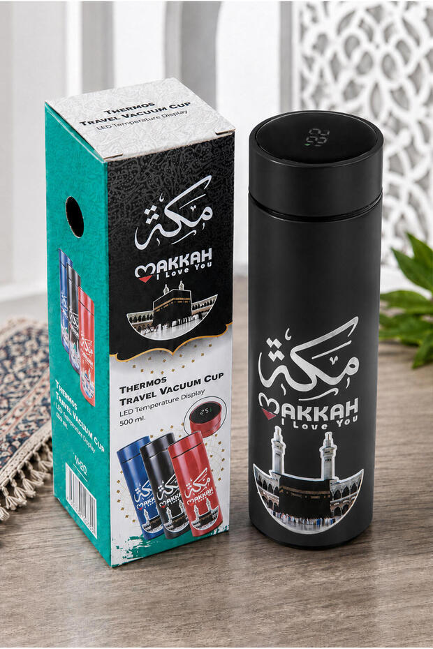 ترمس مفرغ من الهواء مع شاشة عرض درجة الحرارة LED - مزين بنقوش مكة المدينة - أسود