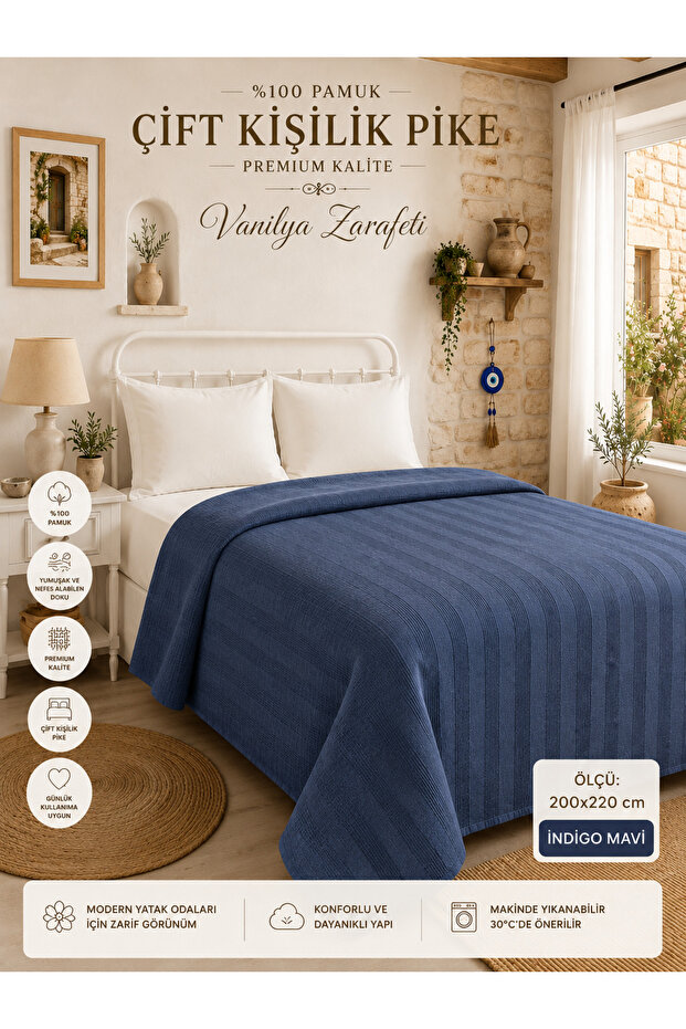 Vanilla Soft Double 100% Cotton Indigo Navy Blue Pique Bedspread 200X220Cm Waffle Bedspreed