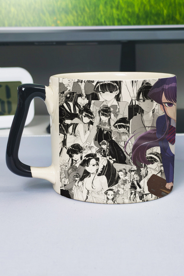 كوب سيراميك فاخر مطبوع عليه رسومات أنمي من Komi Can't Communicate (قطعة واحدة) بمقبض أسود مخصص بمقبض مموج V2D