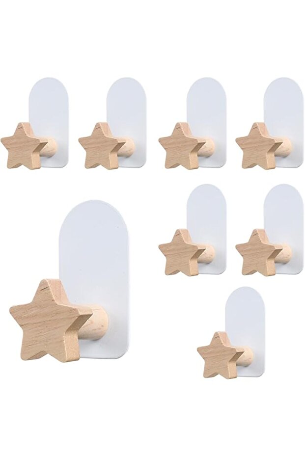 8 PCS Star Shaped Hooks, Kids Room Decorative Hooks, Wood Coat Hooks, Adhesive Mounted Wall Hook for Hanging Coat Clothes Hat Bag Purse and Towel