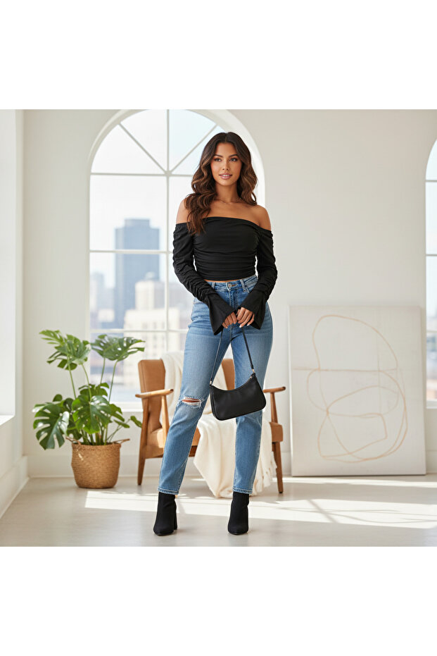 Black Off-The-Shoulder Ruched Long Sleeve Crop Top