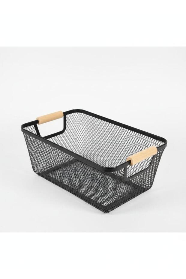 Black Mesh Storage Basket with Wooden Handles – Space-Saving Multipurpose Organizer for Closet, Laundry & Home Storage