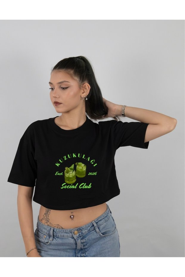 Kuzukulağı Social Club Printed Cotton Combed Women's Crop T-Shirt - Summer Short Tshirt in Black, White, and Gray Colors