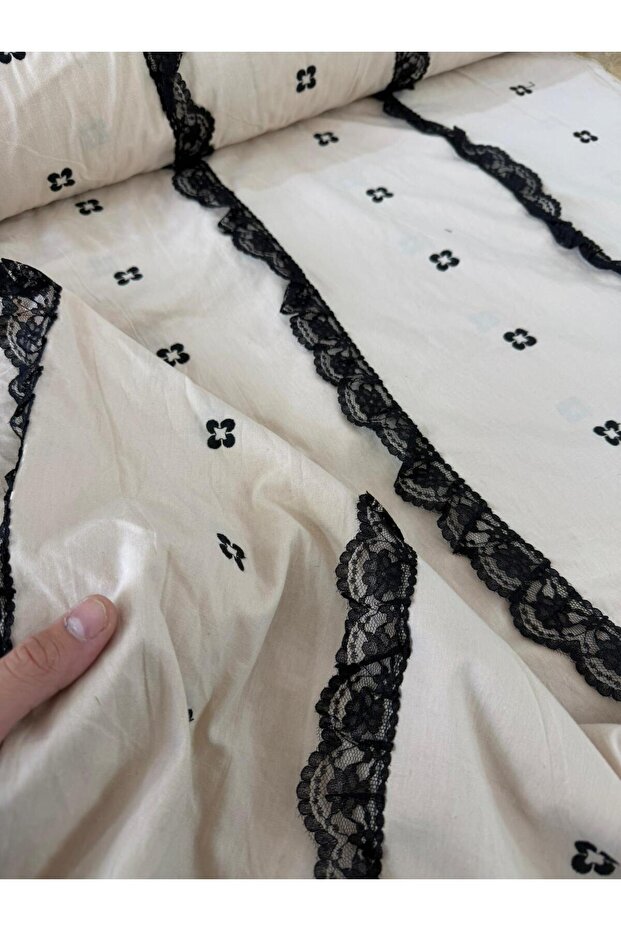 Row by Row Ruffle Lace Embroidered Cotton Voile Fabric - Width 140 cm Black and White Embroidered Dressmaking Fabric