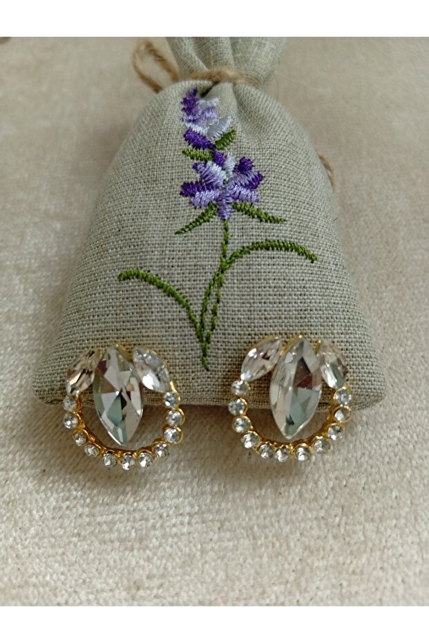 Gold White Stone Showy Steel Earrings