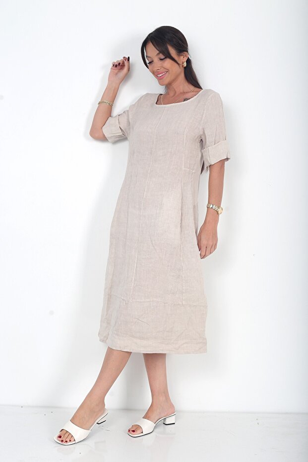Women's Italian Linen Midi Dress with Pockets