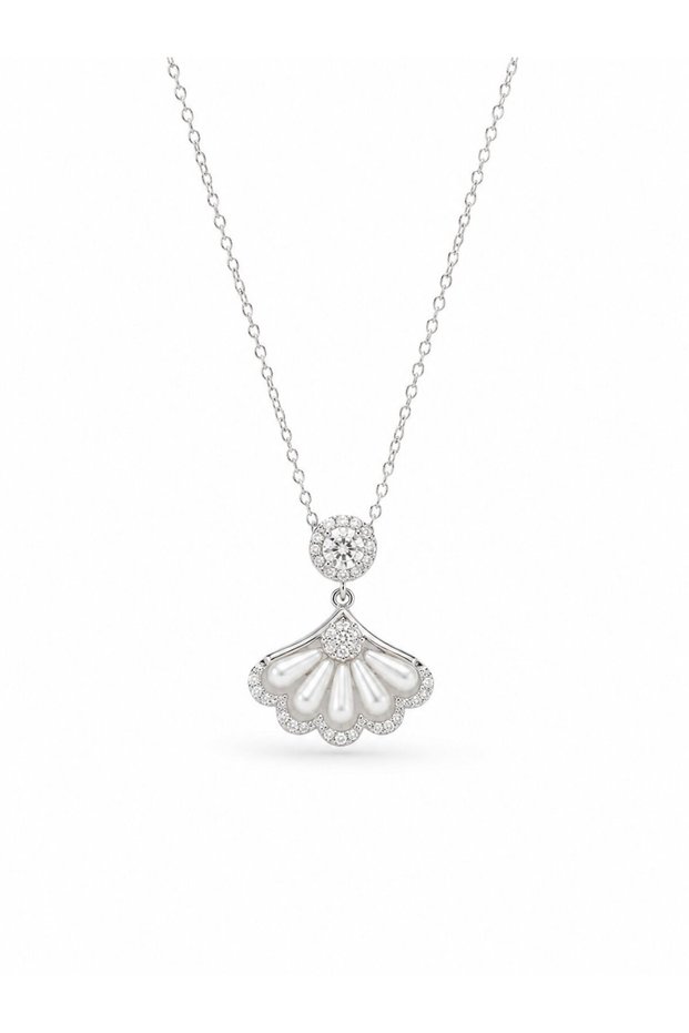316L Steel Chain Silver Color Fan Model Women's Necklace | Elegant Design with Zircon Stone and Pearl Detailing