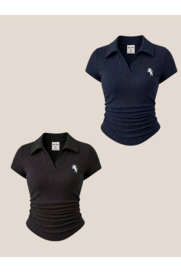 Black and Navy Blue Polo Collar Ribbed Premium Blouse