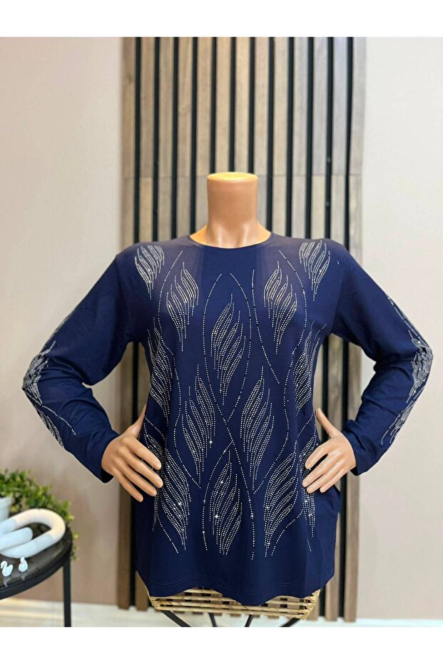 Women's Middle Age and Above Stone Embroidered Leaf Patterned Mother's Combed Cotton Blouse
