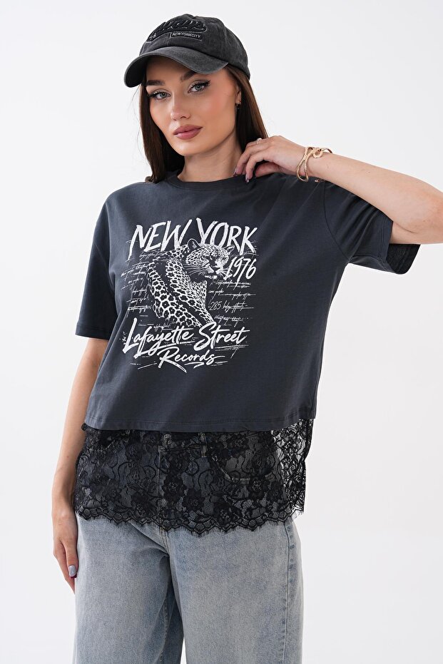 Women's Printed Skirt Lace Detailed T-Shirt 260569 -