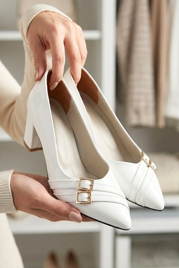 İlena Women's Double Mini Buckle Striped Pointed Toe Geometric Thick Square Heeled Office Stiletto
