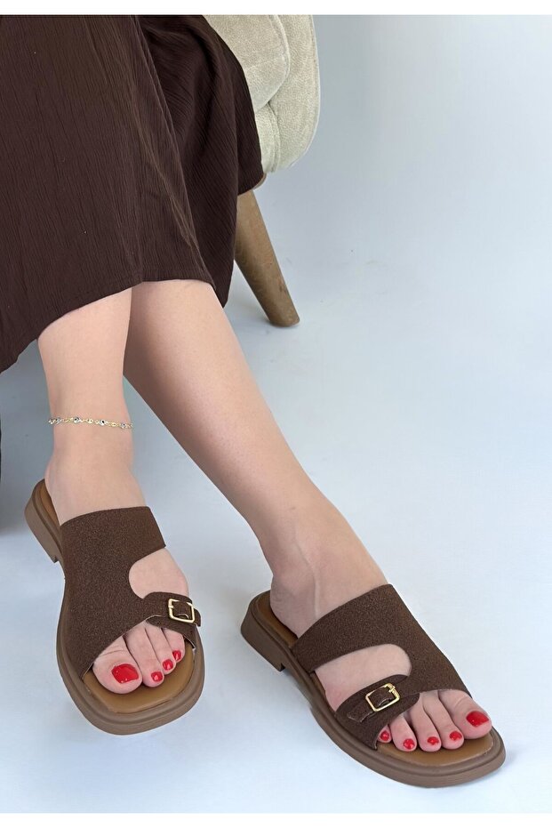 Gray Brown Leather Powder Slippers