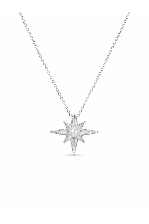 316L Steel Chain Silver Color Pole Star Model Pearl and Zircon Stone Detailed Women's Necklace