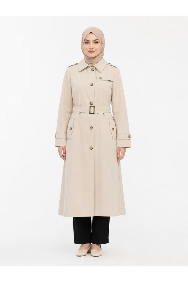 Women's Ecru Color Classic Epaulet Belted Unlined Summer Trench Coat