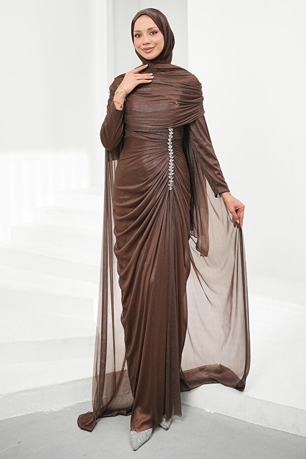 Brown Capelet Evening Dress with Drawstring Front and Stones