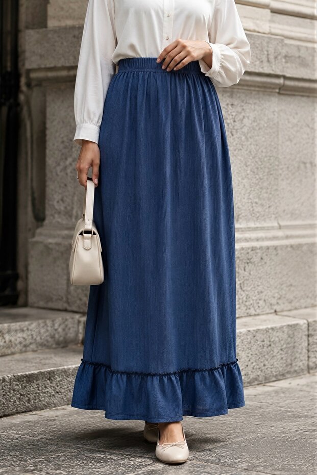 Indigo Skirt with Ruffles at the Hem and Elastic Waist