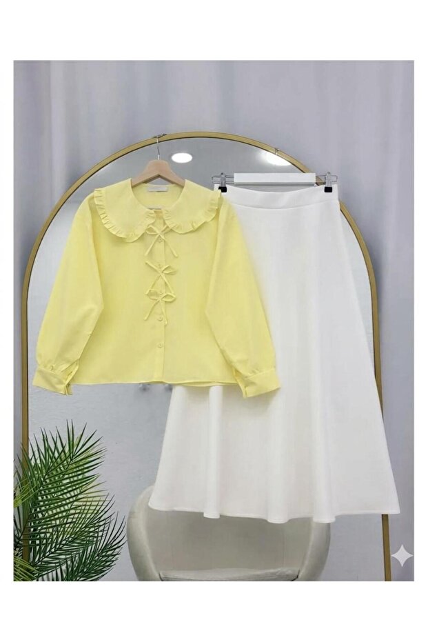 Shawl Collar Shirt with Bow Detail Skirt Set