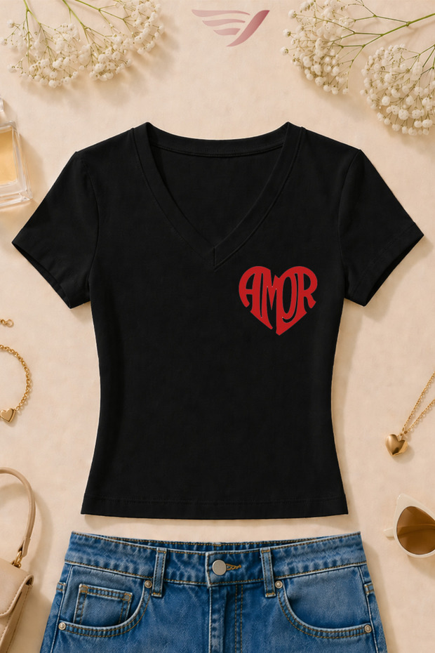 Women's Amor Heart Front and Back Printed Basic Daily Use V-Neck Slim Fit Lycra T-Shirt