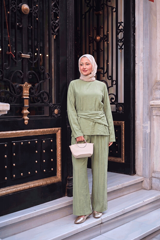 Women's Piece Detailed Crinkled Suit Pistachio Green