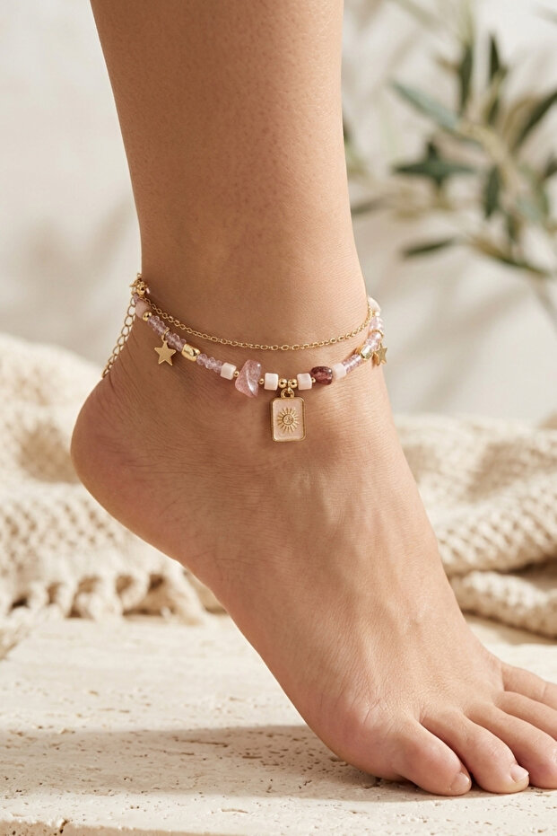 2 Piece Sun Star Crystal Ankle Bracelet