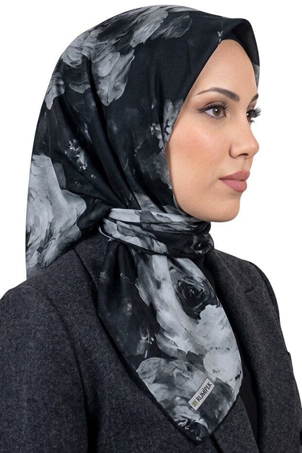 Women's Black Gray Floral Patterned Organic Cotton Soft Scarf