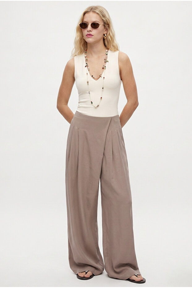 Women's Harper Elastic Waist Woven Modal Design Beige Wide Leg Pants