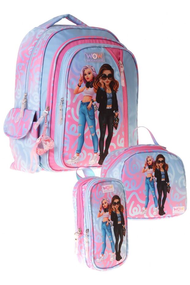 Triple Primary School School Bag Set - Pink - Turquoise - Wonderful Printed - Girls - Setwg-W6069A