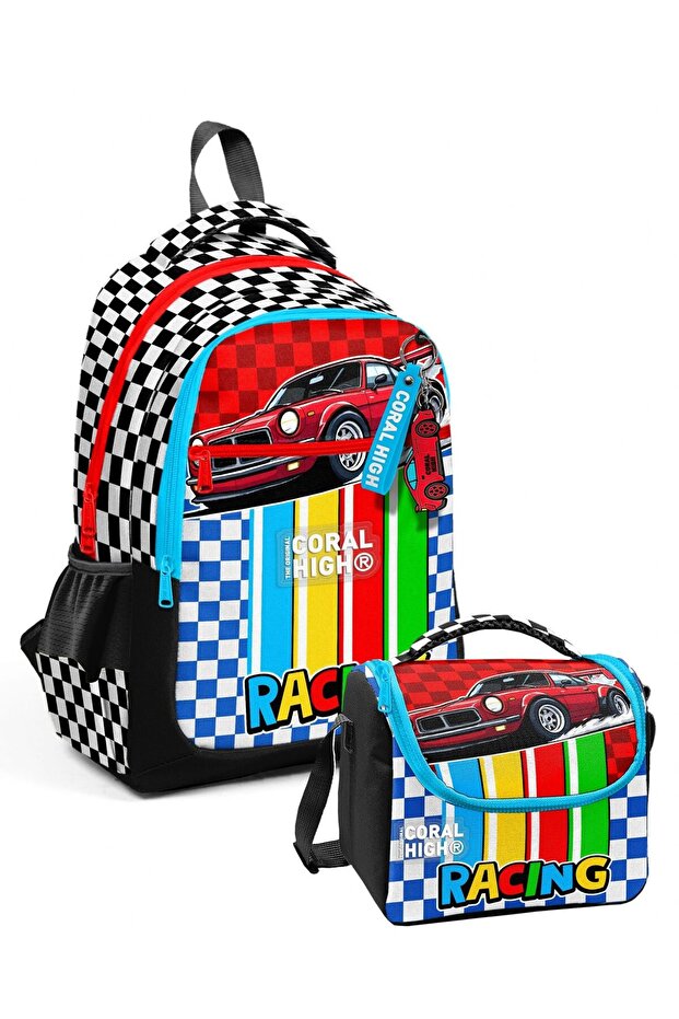 Red Racing Car Printed Boys' School Bag and Thermo Lunch Box Set