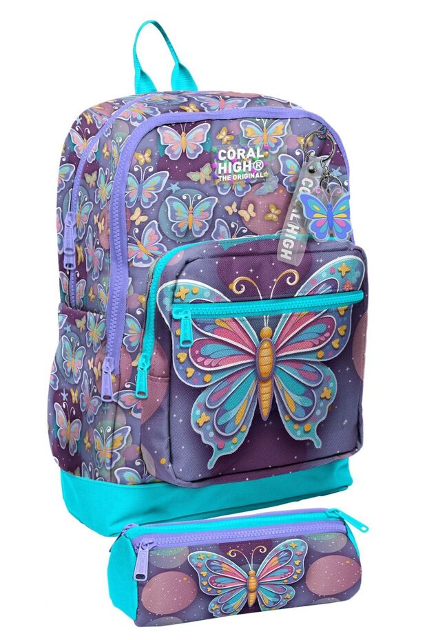 School Backpack and Pencil Case Set - Pastel Colored Butterfly Patterned Girls' Setygn33206C