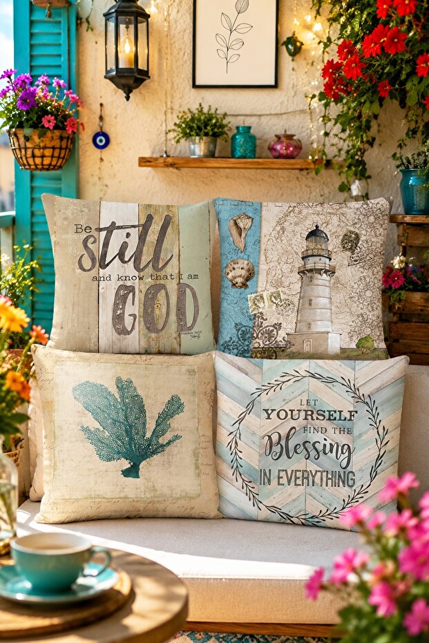 Antique Lighthouse Patterned 4-Piece Throw Pillow Cover Set