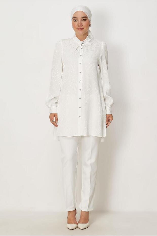 Satin Jacquard Tunic with Neck Tie 46512