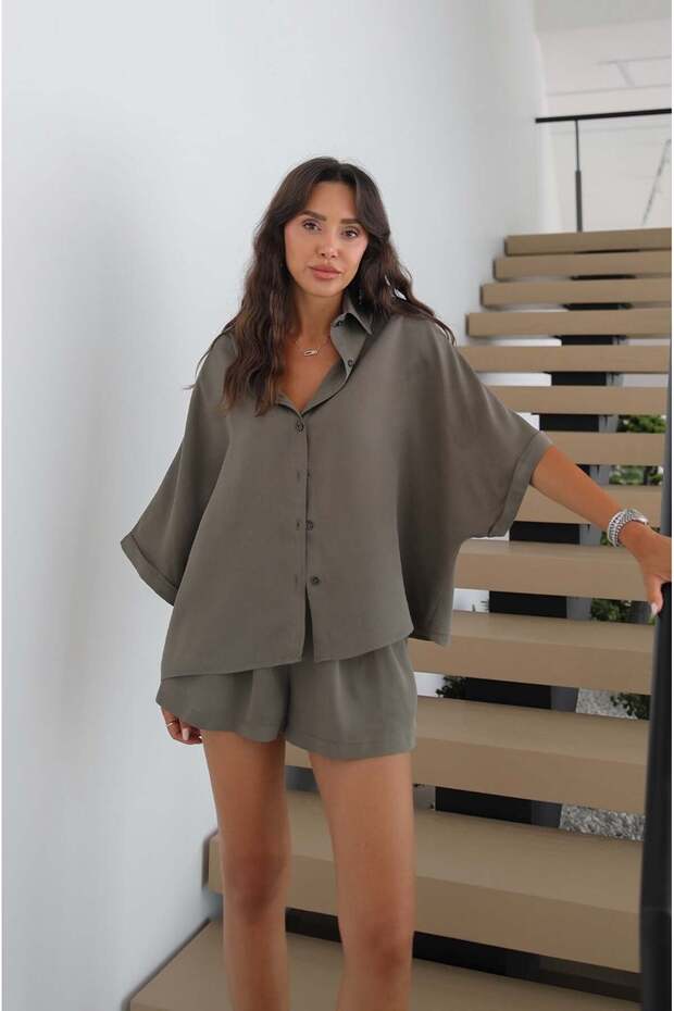 Khaki Rona Oversize Shirt Shorts Set