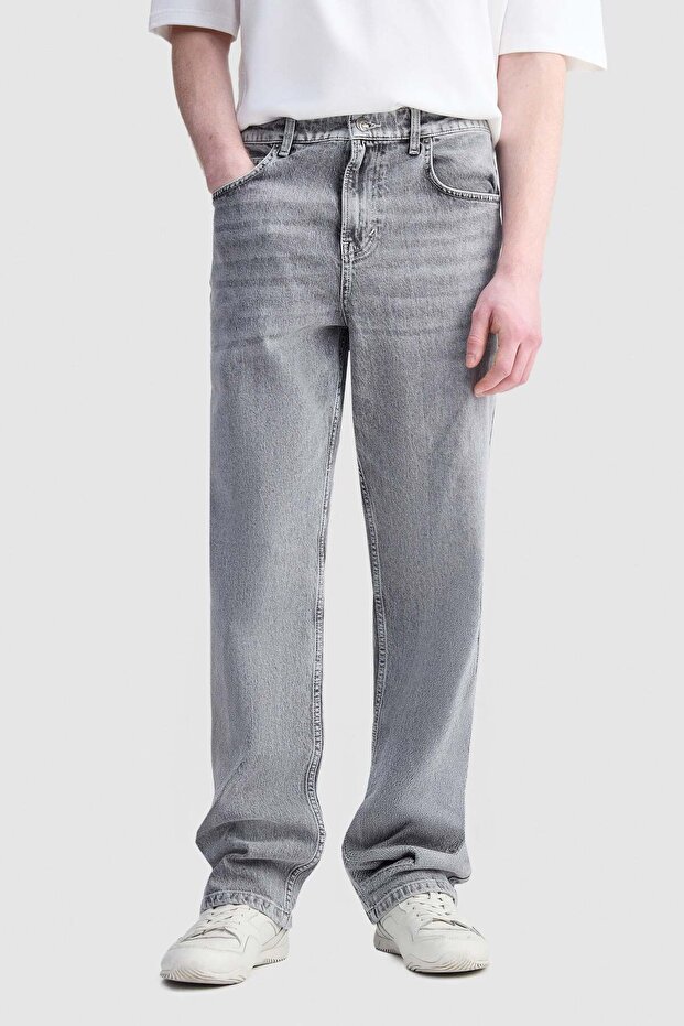 Henry Straight Fit Embroidered Men's Denim Trousers - Gray