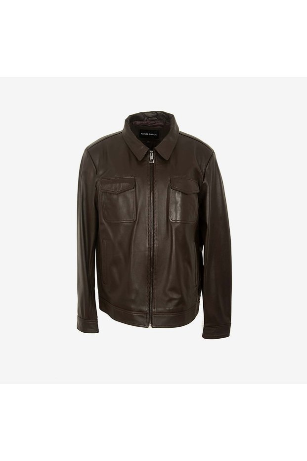 Men's Shirt Collar Double Pocket Zippered Brown Genuine Leather Coat K-1713