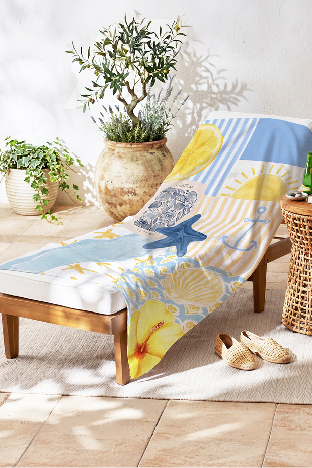 Sea Shell Marine Beach Towel Coverlet - Mediterranean Tropical Blue Yellow Quick Drying Bath Towel Coverlet