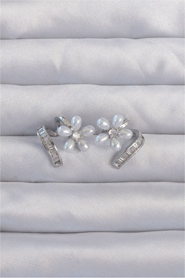 Brass Silver Color Zircon Cubic Zirconia Curved Pearl Flower Earrings