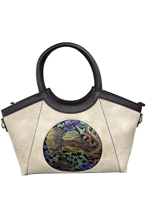 Women Artisan Embossed Elephant Handbag, Vintage Horizontal Square Tote Bag, PU Leather Shoulder Bag, Stylish Daily Carry Purse for Work, Shopping