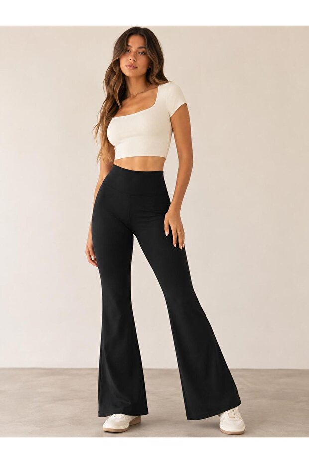 Women's Black Spanish Flare Diver Fabric Leggings High Waist