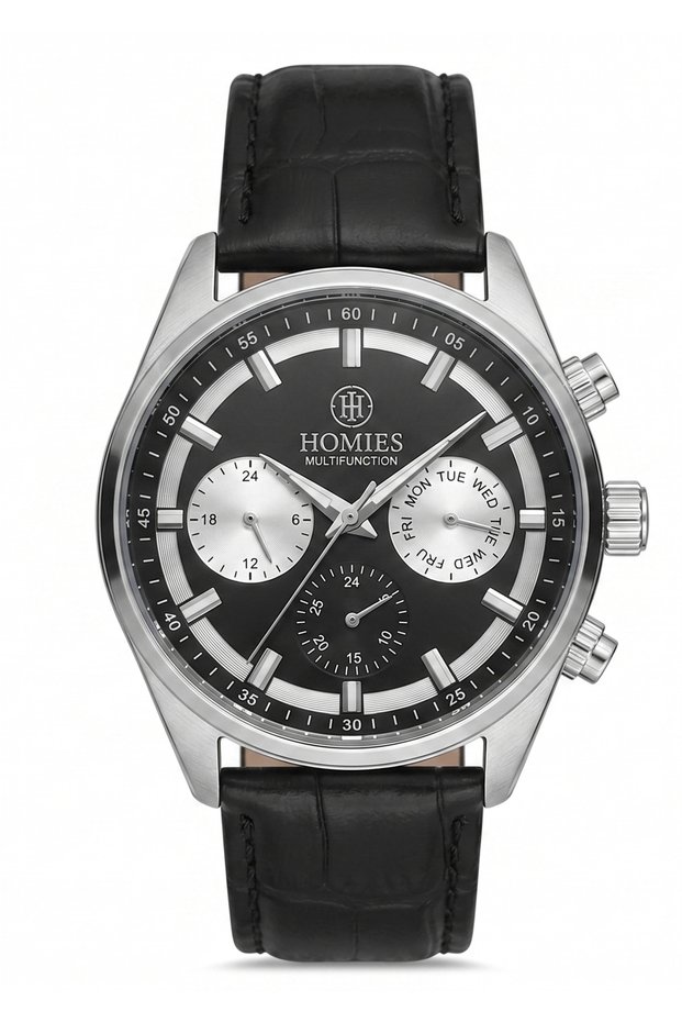 Men's Black Leather Cord Black Dial Function Wristwatch 2 Years Warranty