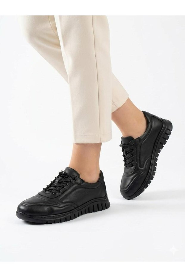 Women's Black Genuine Leather Orthopedic Sole Rubber Laced Casual Shoes