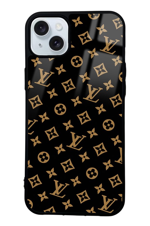 حافظة هاتف آيفون 15 بلس سوداء لامعة بتصميم LV
