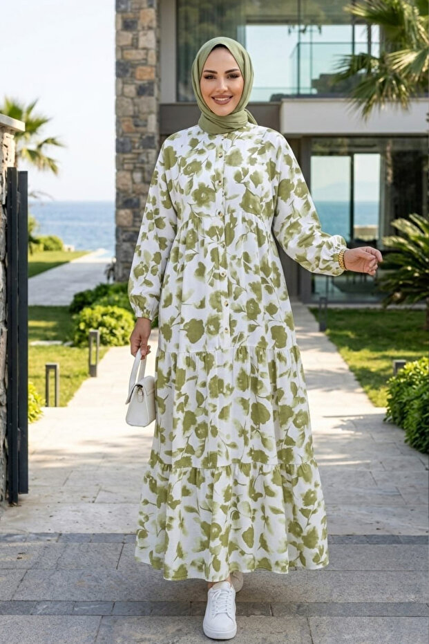 Women's Buttoned Patterned Modal Fabric Green Dress