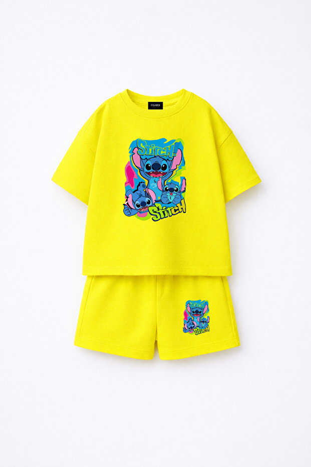 Stitch Front and Back Printed Oversize 100% Cotton T-Shirt Shorts Kids 2-Piece Set