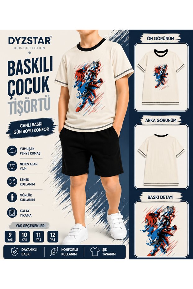 Printed Children's T-Shirt Off-White Short Sleeve Combed Cotton T-Shirt 9-10-11-12 Years Old