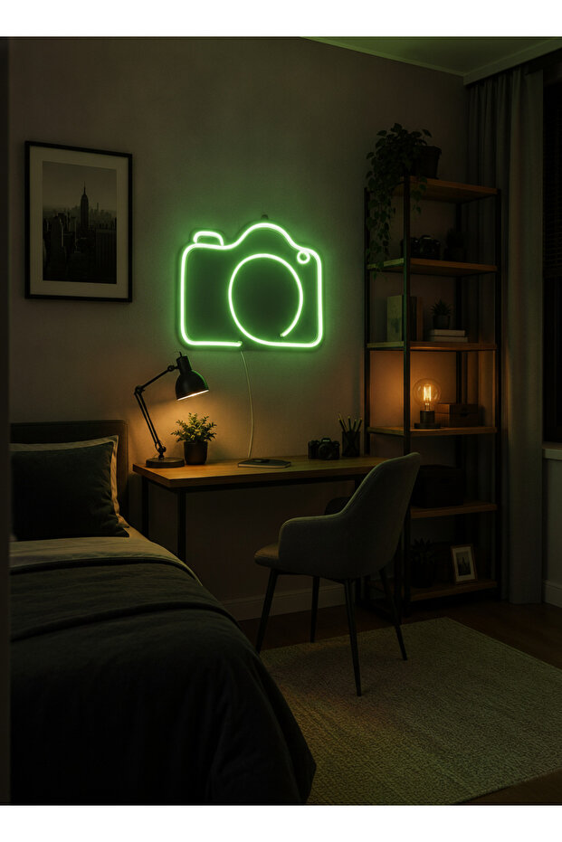 Kamera Figürlü LED Neon Tablo | Yeşil Aydınlatmalı Dekor | Fotoğrafçı Hediyesi - 2