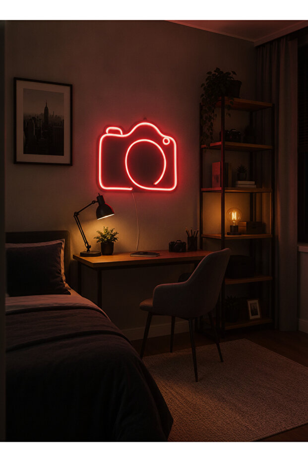 Kamera Figürlü LED Neon Tablo | Kırmızı Aydınlatmalı Dekor | Fotoğrafçı Hediyesi - 2